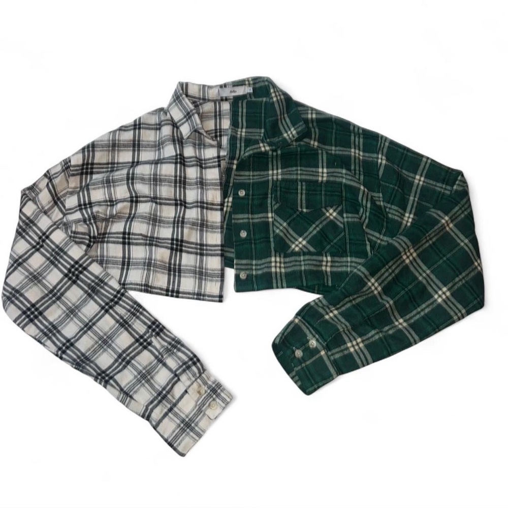 Adika Cropped Plaid Button Down Split Color Green and White